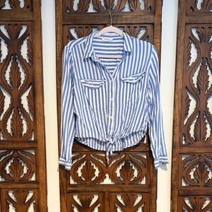 Cropped Blue and White Striped Button-Up Shirt